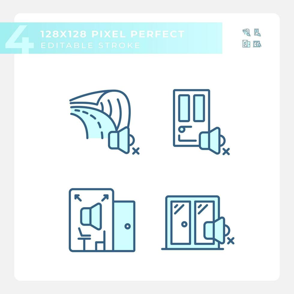 pixel perfekt blå ikoner packa representerar ljudisolering, redigerbar tunn linje illustration. vektor