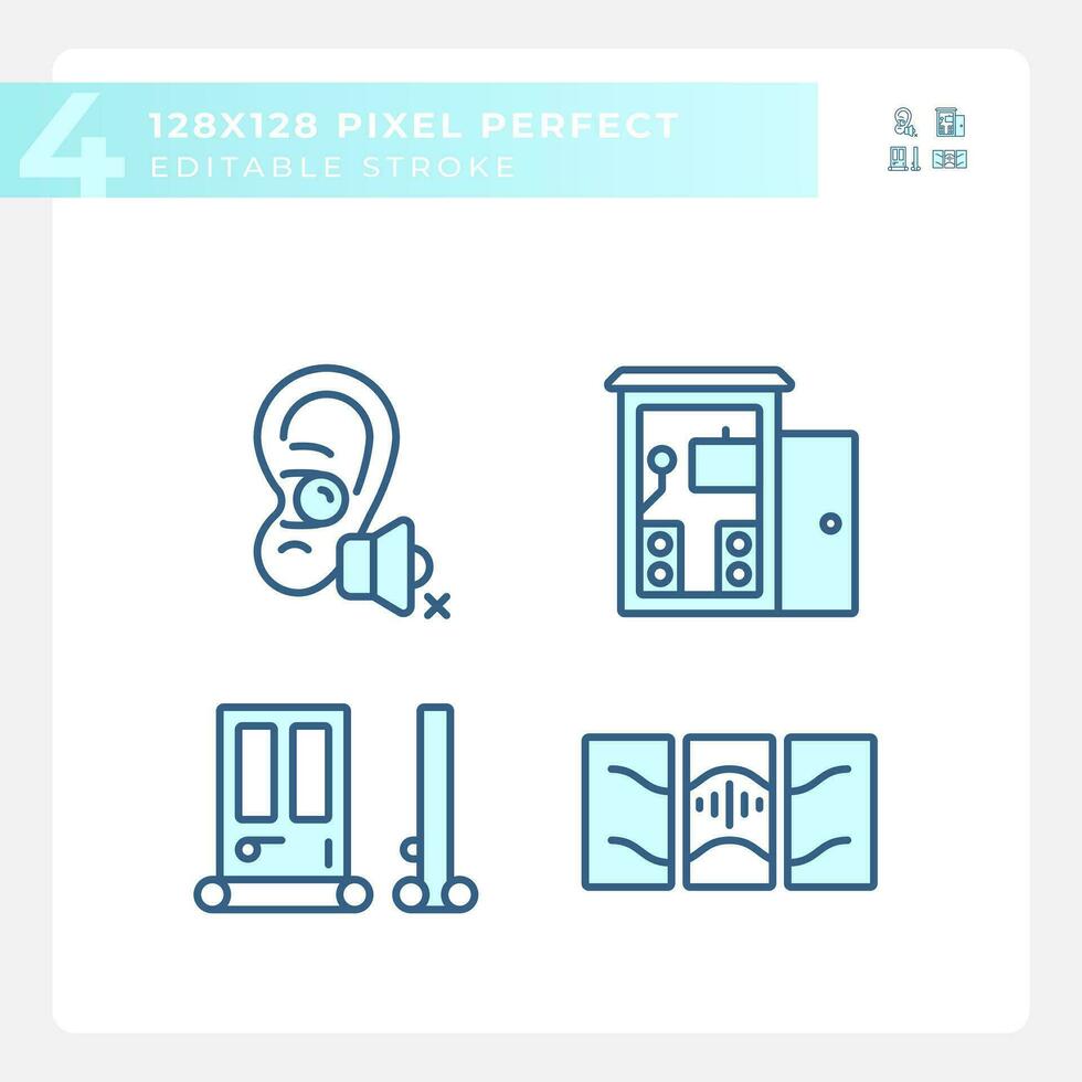 Pixel perfekt Blau Symbole einstellen Darstellen Schalldämmung, editierbar dünn linear Illustration. vektor