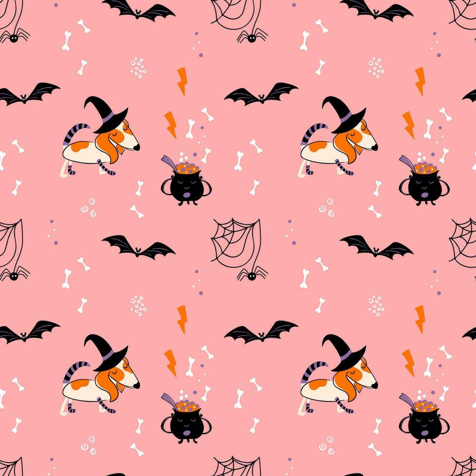 halloween sömlös mönster. söt bakgrund med valp i en häxa kostym. magisk hund tafflig. platt stil vektor illustration.