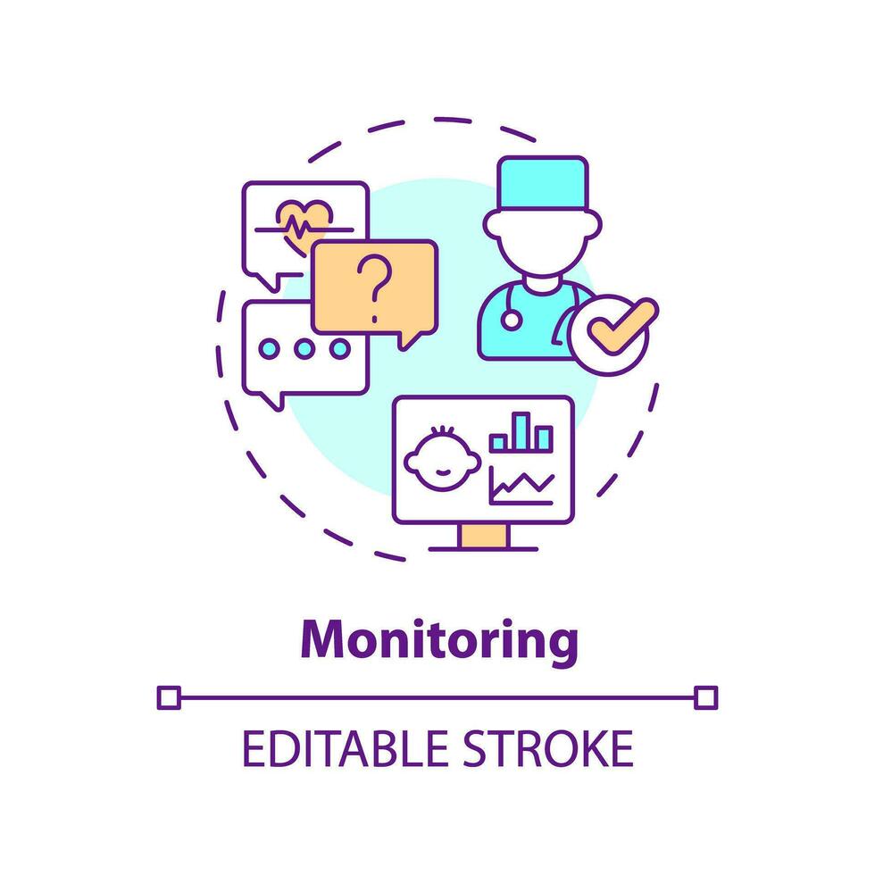 övervakning begrepp ikon. Följ upp. hälsa skick. barn sjukdom. medicinsk konsult. barnomsorg Centrum abstrakt aning tunn linje illustration. isolerat översikt teckning. redigerbar stroke vektor