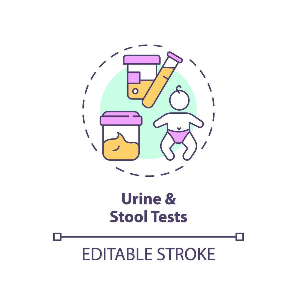 urin och pall tester begrepp ikon. njure fungera. medicinsk undersökning. friska bebis. pediatrisk sjukvård abstrakt aning tunn linje illustration. isolerat översikt teckning. redigerbar stroke vektor