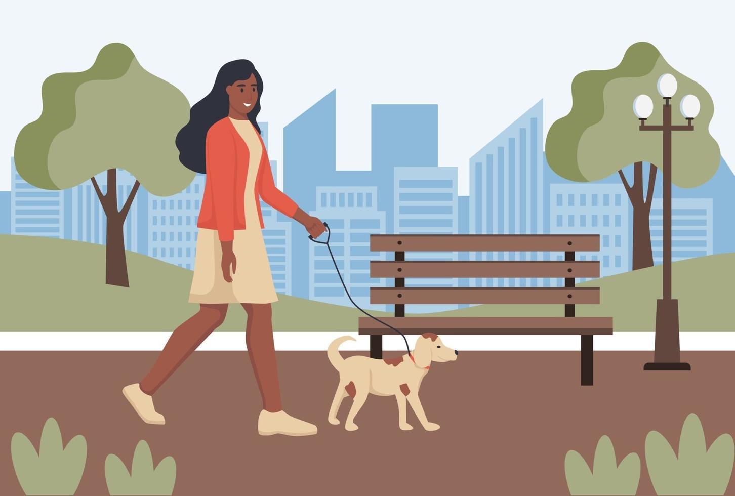 eine junge Frau geht mit ihrem Hund im Park spazieren vektor