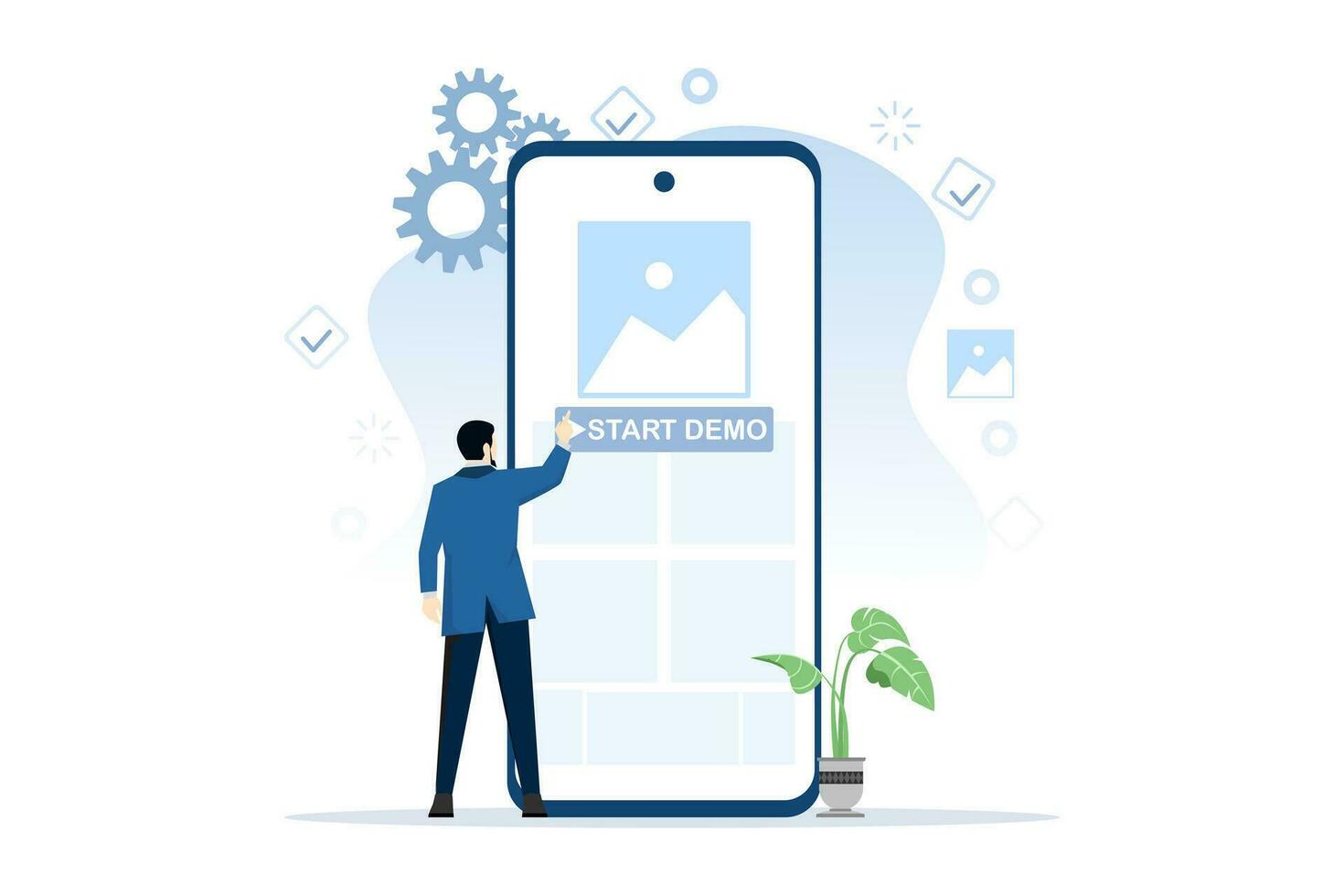 platt design av första demo begrepp. innebär en betald demo av ett app eller hemsida. de telefon skärm visas klar innehåll med en framträdande demo Start knapp. på djupet användare erfarenhet och rättegång period. vektor