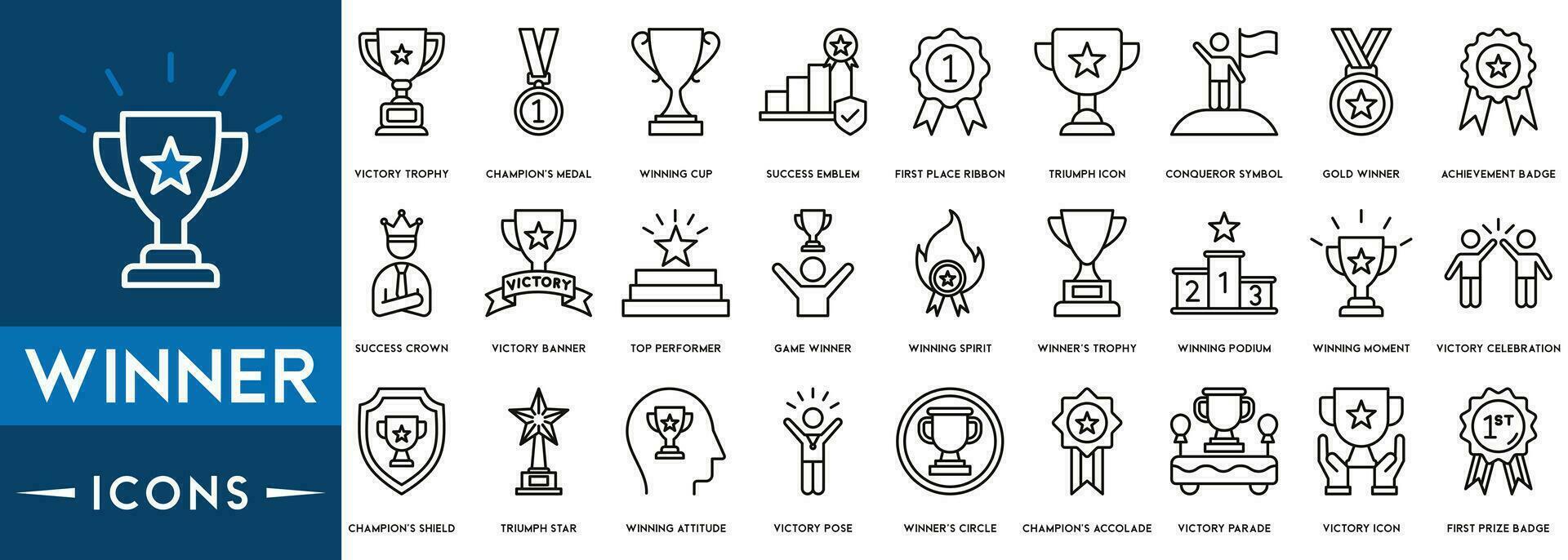 vinnare ikon uppsättning. som innehåller seger, Framgång, pris, firande, podium, vinna pengar, Avsluta linje och trofén ikoner. vektor