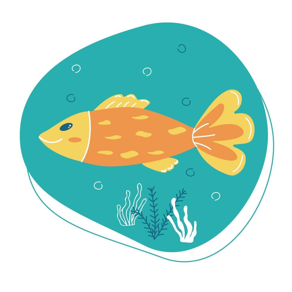 goldener glücklicher Fisch auf blauem Hintergrund mit Algen vektor