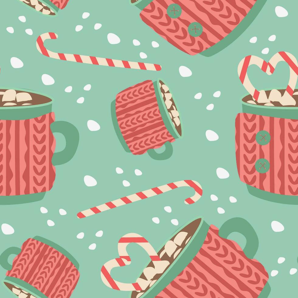 Vektor eben nahtlos Muster mit ein Tassen von Kakao, Schneeflocken, Marshmallows und Süßigkeiten Stock. das Hintergrund ist gemacht von heiß saisonal Getränke. Poster, Karte, Verpackung Papier. Weihnachten und Neu Jahr Vorlage