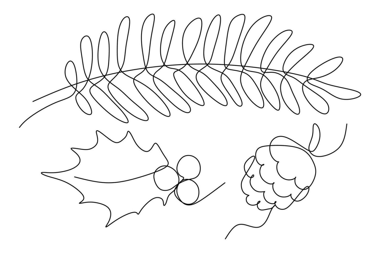 uppsättning av hand dragen gran träd gren, kon och järnek. kontinuerlig linje teckning illustration. samling av natur element, växter. vinter- och Semester mall för dekoration, design konst, vykort. vektor