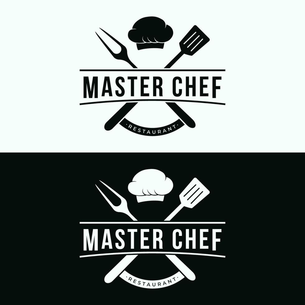 Küche Logo Design mit kreativ Koch Hut und Kochen Utensilien. Logo zum Restaurant, Koch, Geschäft. vektor