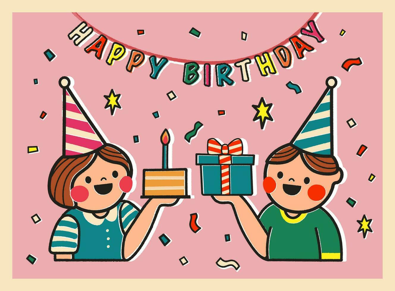 Lycklig födelsedag kort med tecknad serie pojke och flicka innehav en gåva och kaka illustration på rosa bakgrund. klistermärke stil hälsning kort i retro stil. söt vykort för barn eller design för din varumärke. vektor