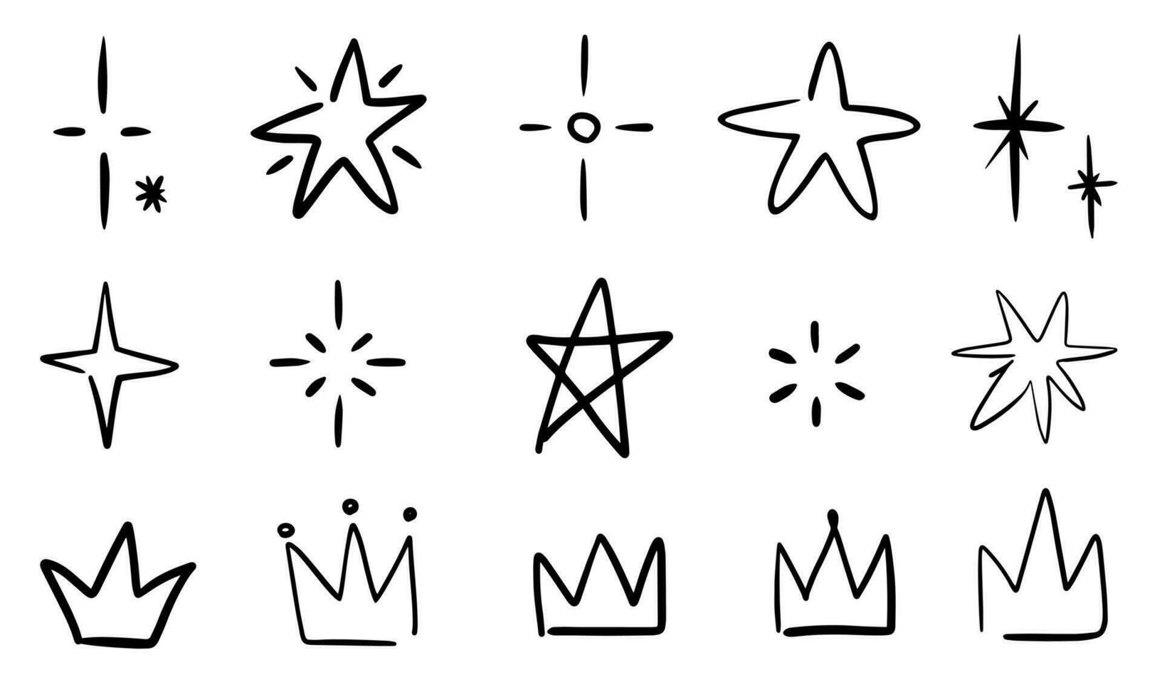 Linie Star funkeln scheinen von Gekritzel Satz. Star scheinen glühen, Funke funkeln, anders Typen von Kronen. zum das Design von Verpackung Papier, Karten, Poster, Banner. Kosmonautik Tag, Astronomie, Prinzessin. vektor