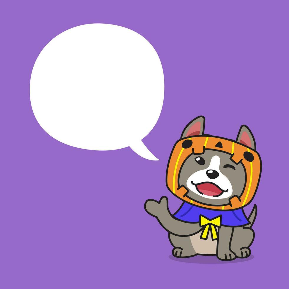Karikatur Grube Stier Terrier Hund mit Halloween Kostüm und Rede Blase vektor