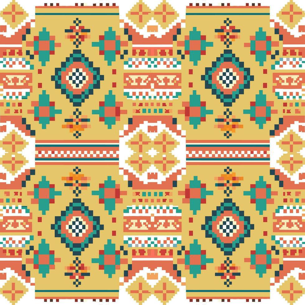 geometrisch ethnisch Muster, Kreuz Stich, Pixel Muster, Design zum Kleidung, Stoff, Hintergrund, Hintergrund, Verpackung, Batik, Strickwaren, Stickerei Stil, aztekisch geometrisch Kunst Ornament drucken vektor