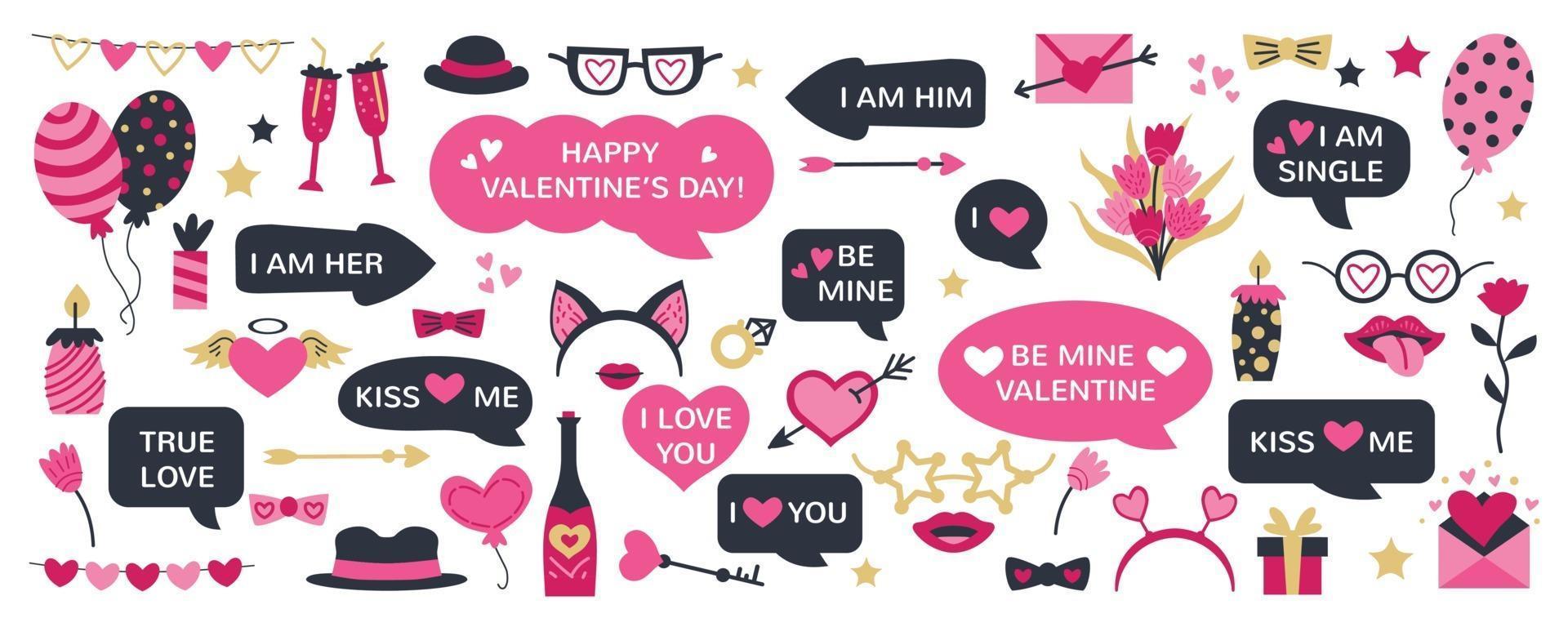 süße Valentinstag-Fotokabinen-Requisiten als Set von Party-Grafikelementen vektor