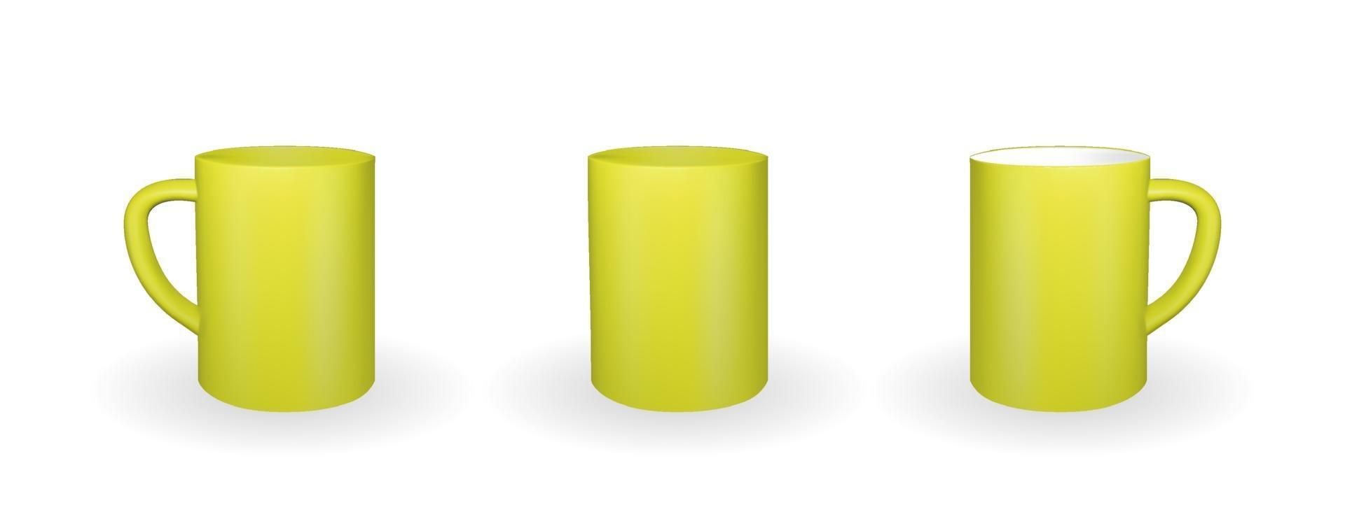 Satz realistischer gelber Becher auf weißem Hintergrund. 3D-Rendering. vektor