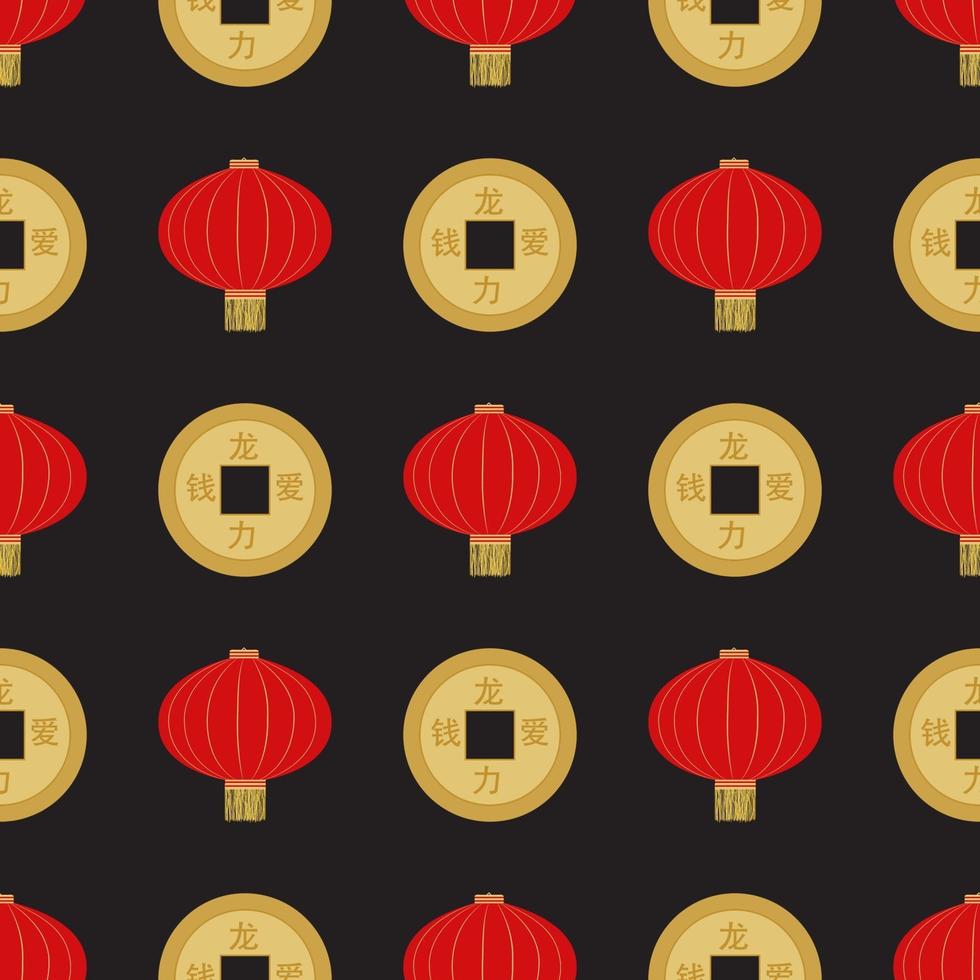 flache rote hängende chinesische Laterne mit goldener Münze vektor
