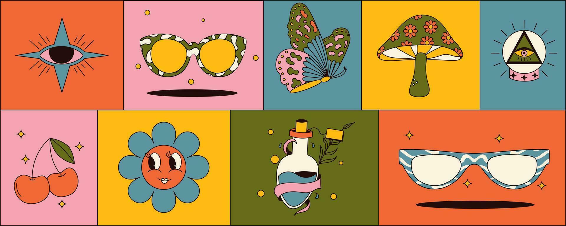 uppsättning av retro häftig klistermärken med årgång färger. svamp, fjäril, körsbär, ögon , solglasögon och Mer. 70-talsinspirerad vektor grafik