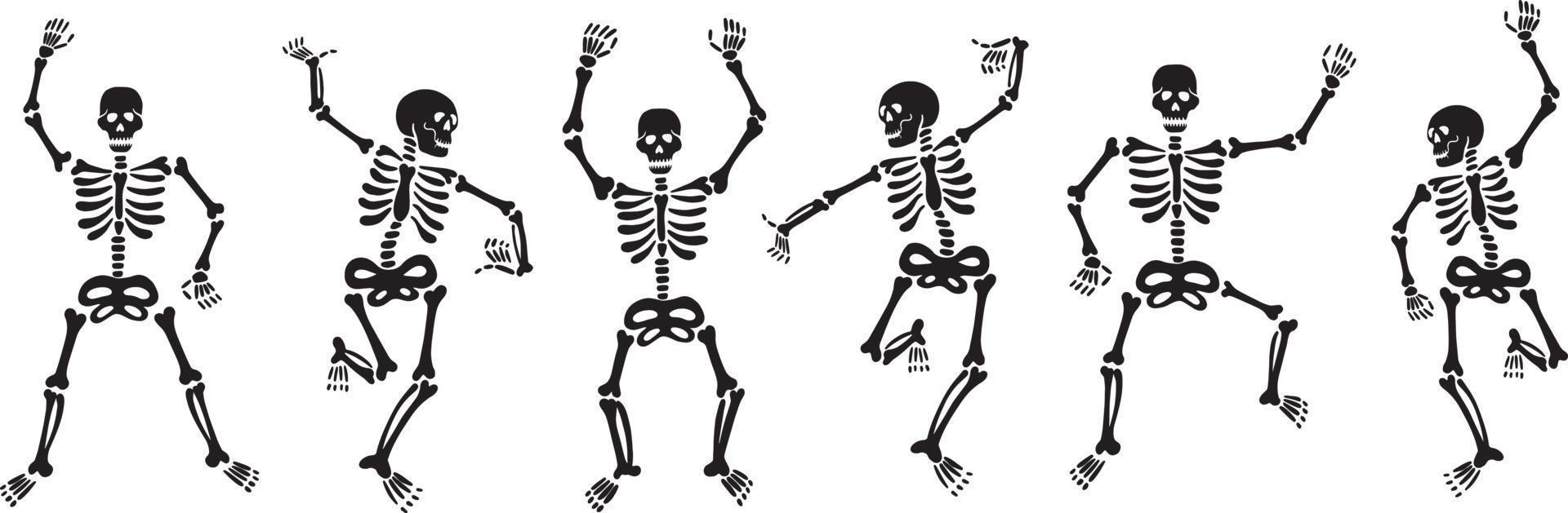 Set aus schwarzen Skeletten, die energisch tanzen und Spaß haben vektor