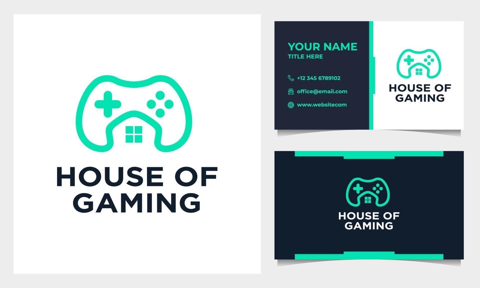 Line-Art-Gaming-Logo-Design mit Haus- oder Haussymbol und Visitenkarte vektor