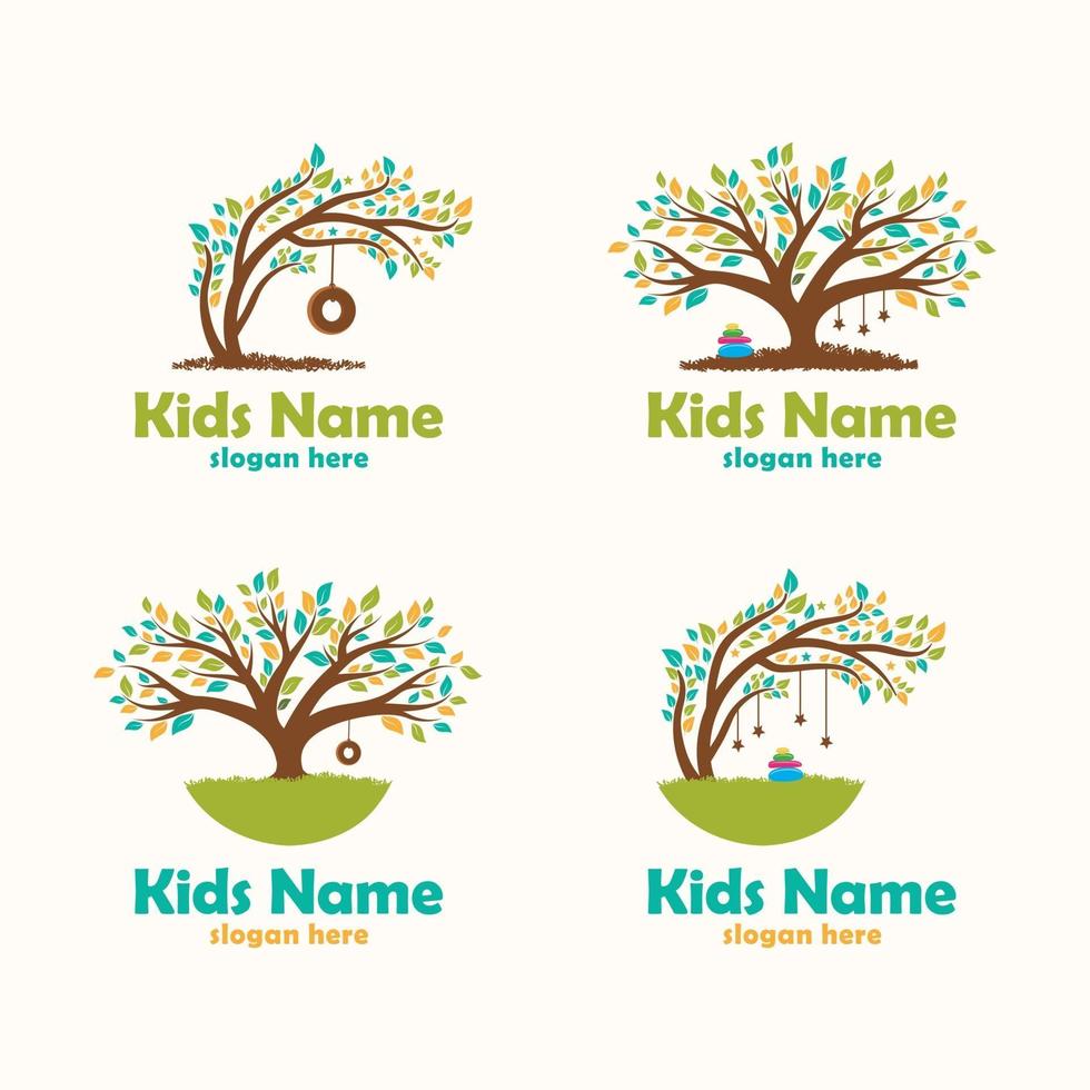 färgglada träd barnomsorg logotyp inspiration platt design samling vektor