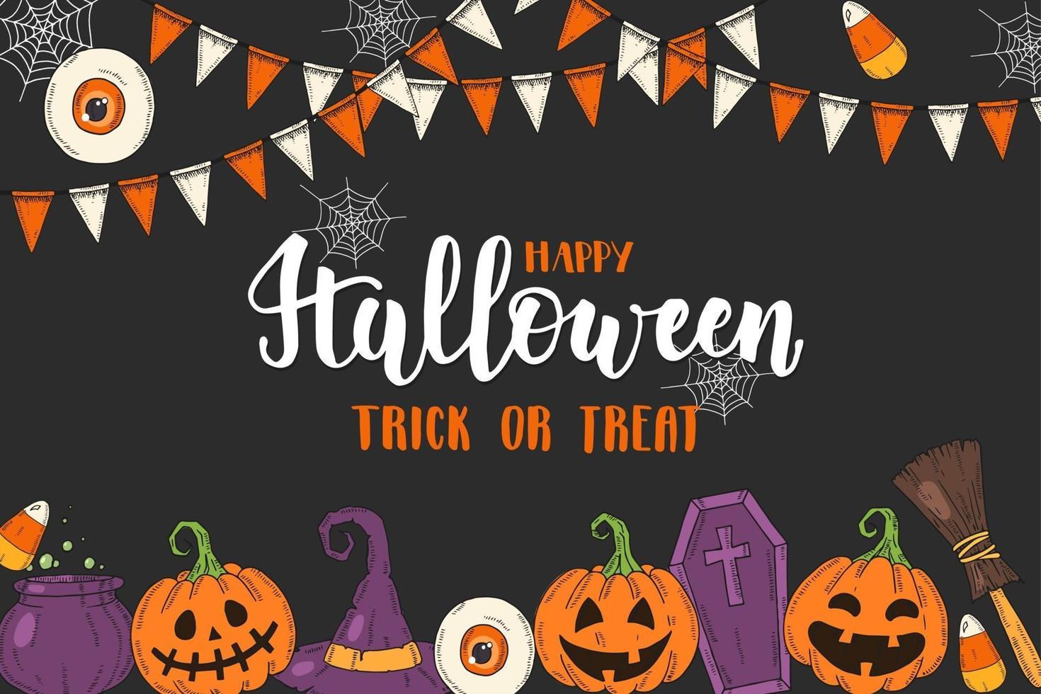 Halloween Poster mit Kürbis Jack, Hexenhut, Süßigkeiten vektor