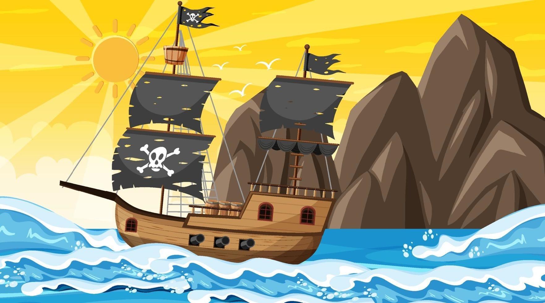 Ozean mit Piratenschiff bei Sonnenuntergangzeitszene im Karikaturstil vektor