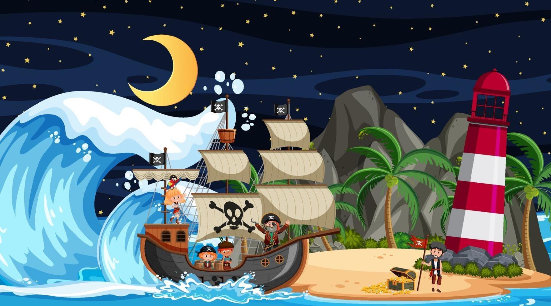 strand på natten scen med pirat barn seriefigur på fartyget vektor