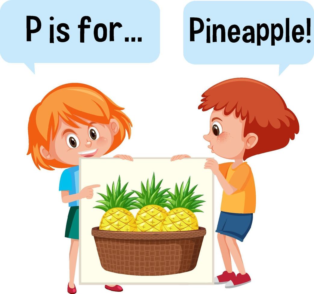 Zeichentrickfigur von zwei Kindern, die Fruchtvokabular buchstabieren vektor
