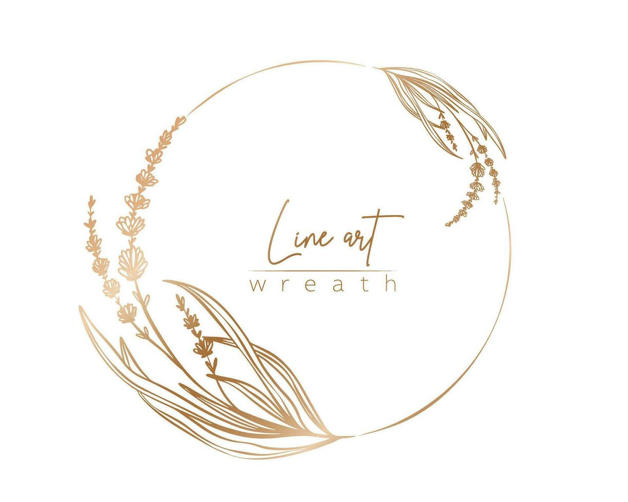 botanisch Gold Linie Illustration von Lavendel Blume Ast Kranz zum Hochzeit Einladung und Karten, Logo Design, Netz, Sozial Medien und Plakate Vorlage. elegant minimal Stil Blumen- Vektor isoliert.