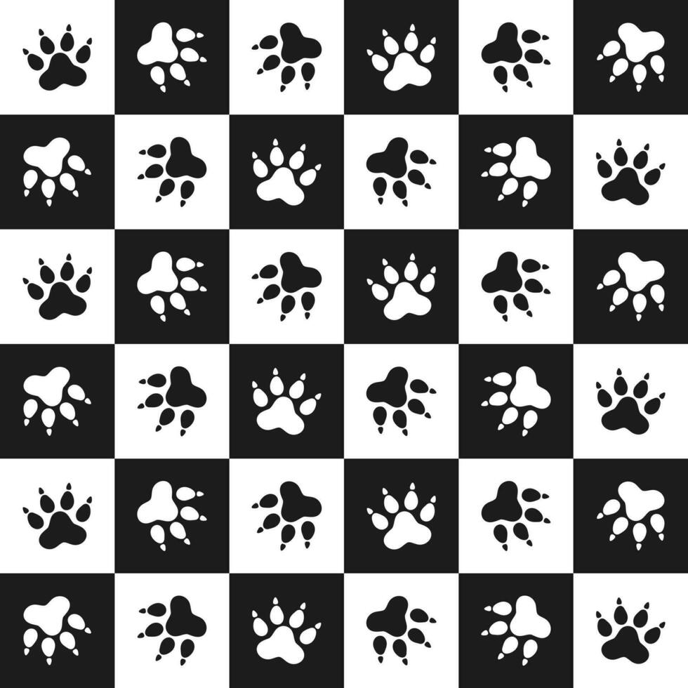 sömlös mönster, katt och hund fotspår på en rutig bakgrund. svart och vit enkel design. skriva ut, bakgrund, tapet, vektor