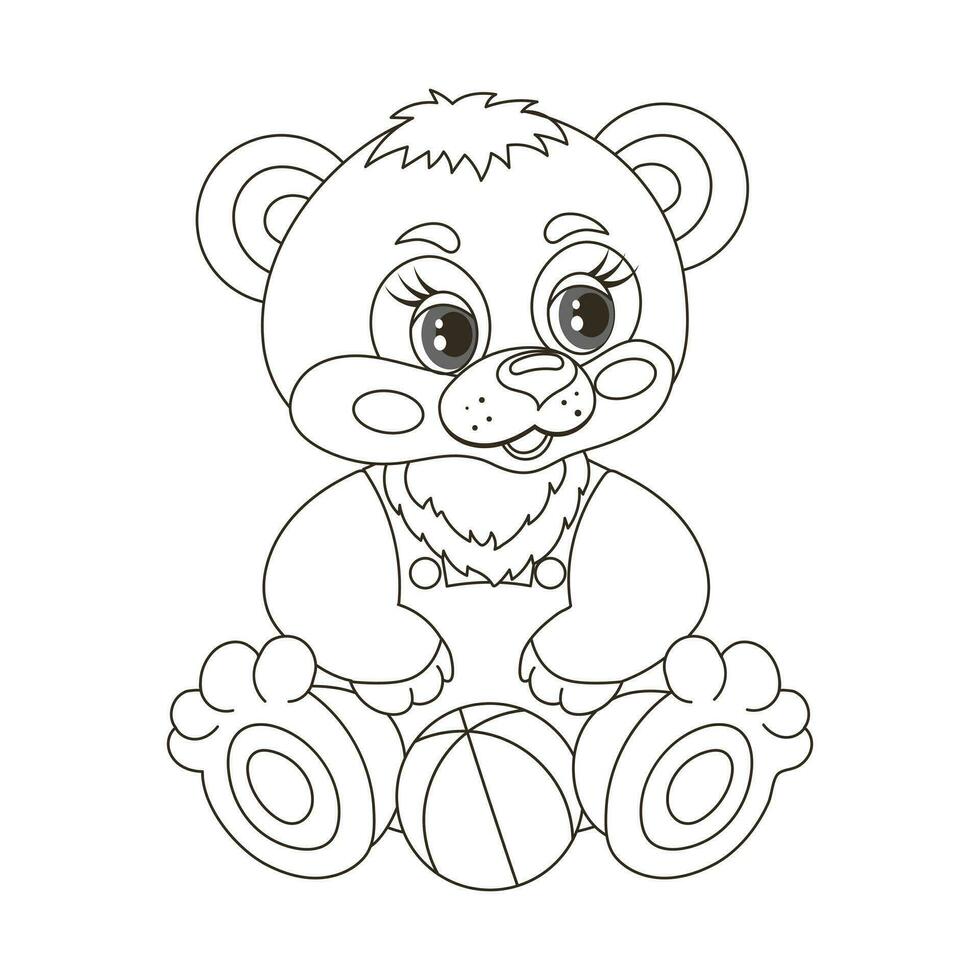 söt tecknad serie bebis teddy Björn med en boll leksak. skiss, översikt teckning för en färg bok. vektor