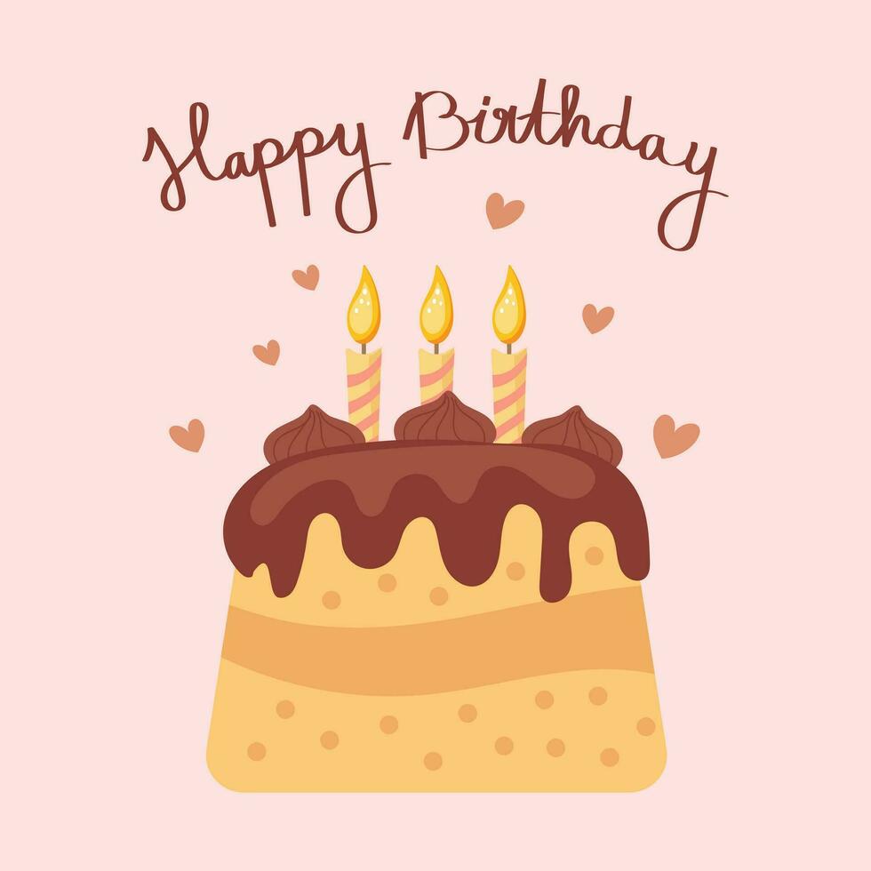 glücklich Geburtstag Karte mit Kuchen, Kerzen und kalligraphisch Beschriftung. Urlaub Illustration im eben Stil. Vektor