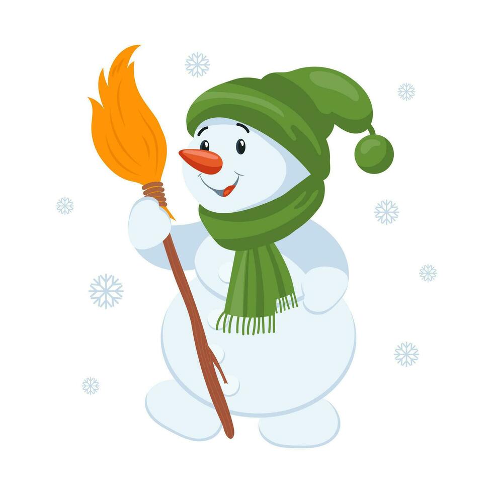 söt tecknad serie snögubbe i en hatt och scarf med en kvast på en bakgrund med snöflingor. jul illustration, barn skriva ut, vektor