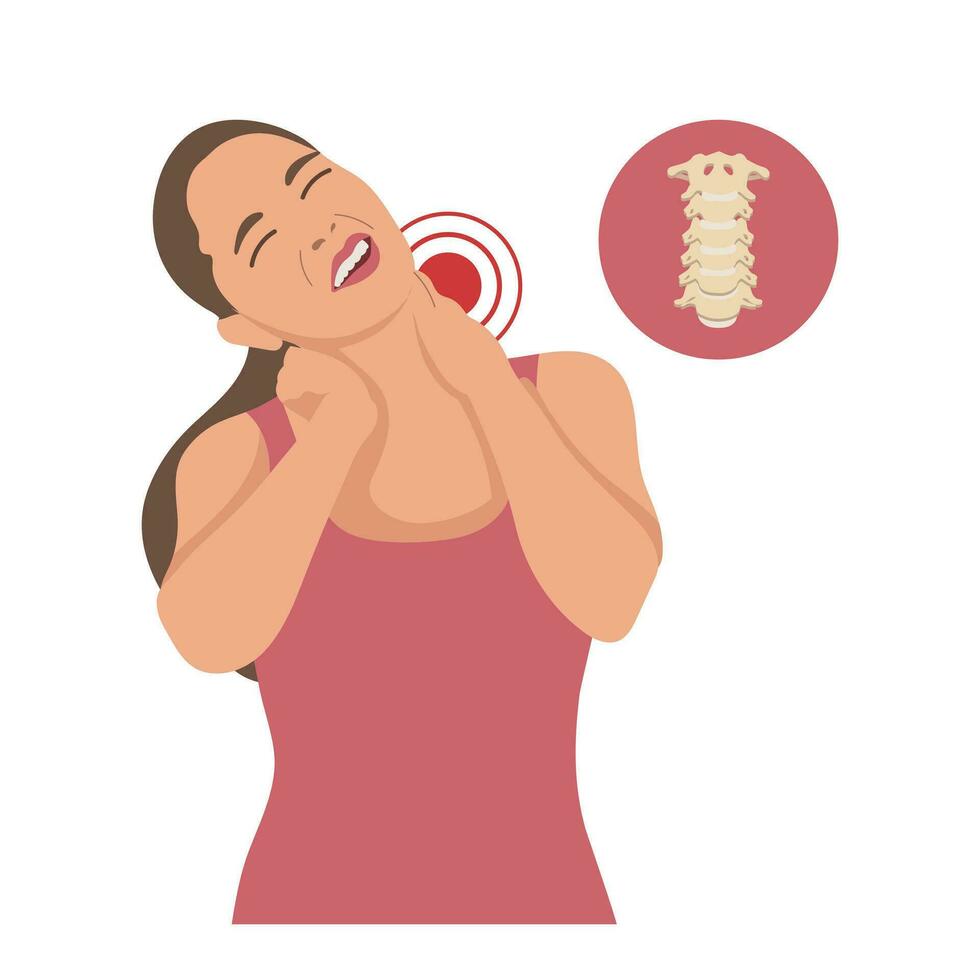 kvinna med smärta i de cervical och länd- kotor. tillbaka smärta, muskel smärta, artros, reumatoid artrit. medicin. illustration, vektor