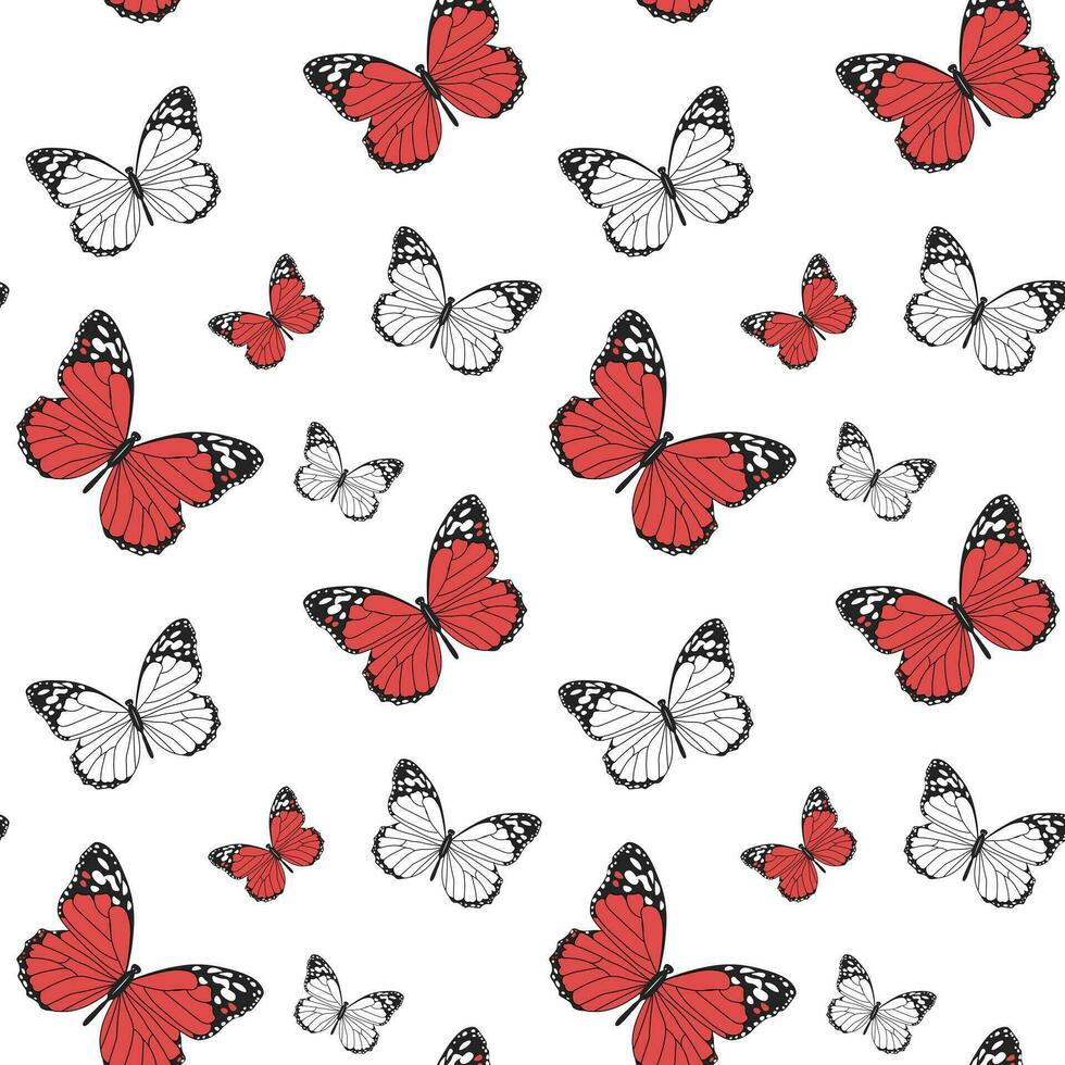 sömlös mönster, röd fjärilar med en svart mönster på en vit bakgrund. skriva ut, bakgrund, textil, vektor