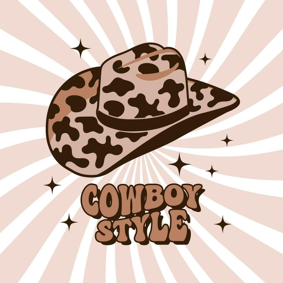 braun Cowboy Hut mit Kuh drucken auf retro Hintergrund. Western Cowboy Hut und Cowboy Stil Text. Illustration. Vektor