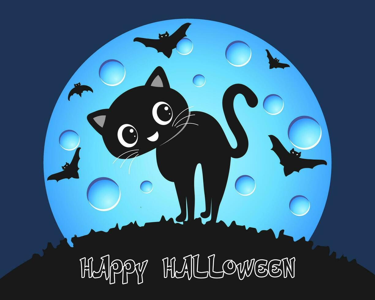 süße schwarze Katze und Fledermäuse auf dem Hintergrund des Nachtmondes. Halloween-Illustration, Vektor