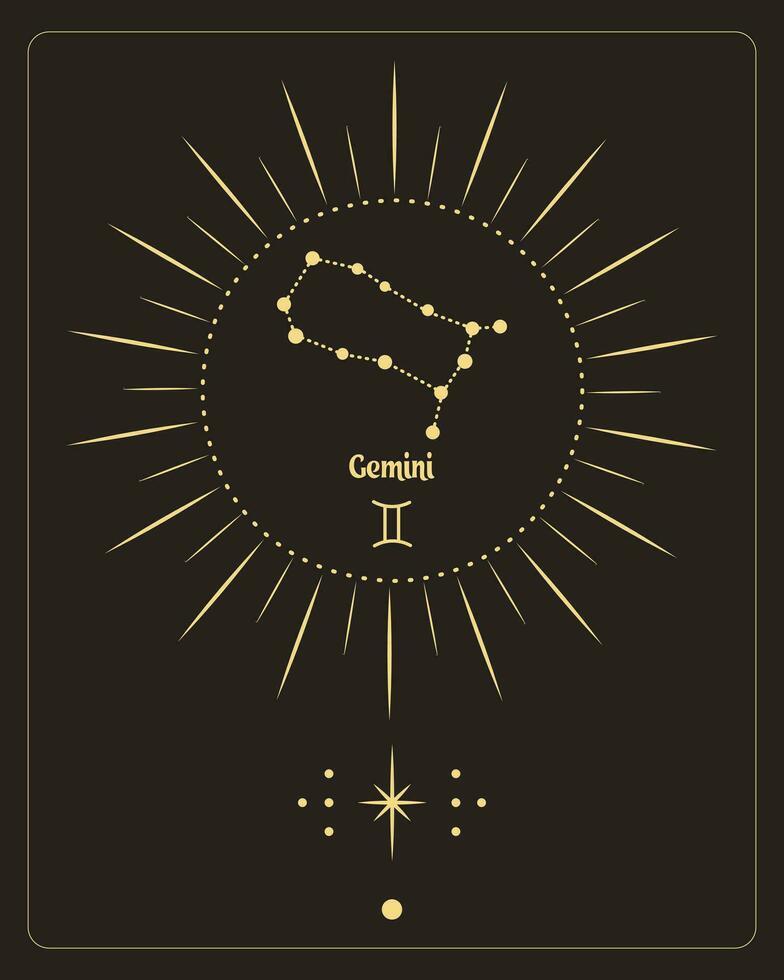 magi astrologi affisch med gemini konstellation, tarot kort. gyllene design på en svart bakgrund. vertikal illustration, vektor