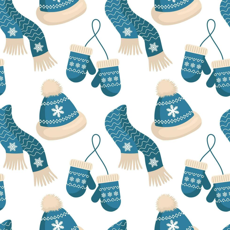 stickat hattar vantar och halsdukar med snöflinga prydnad på en vit bakgrund. jul skriva ut, bakgrund, vektor