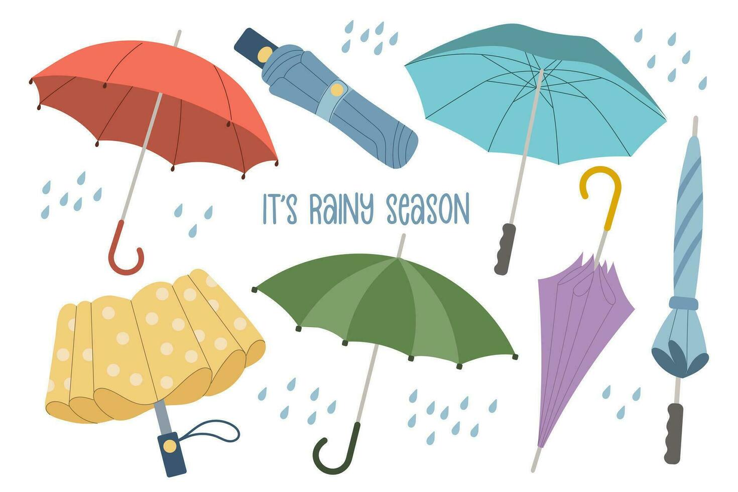 einstellen von Regen Regenschirme, öffnen und geschlossen Regenschirme. Sammlung von saisonal Zubehör. Illustration im eben Stil. Vektor