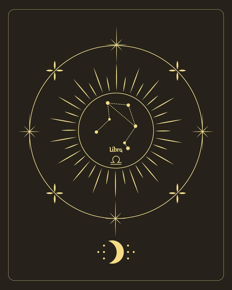 magisches astrologieplakat mit waagekonstellation, tarotkarte. goldenes Design auf schwarzem Hintergrund. vertikale Abbildung, Vektor