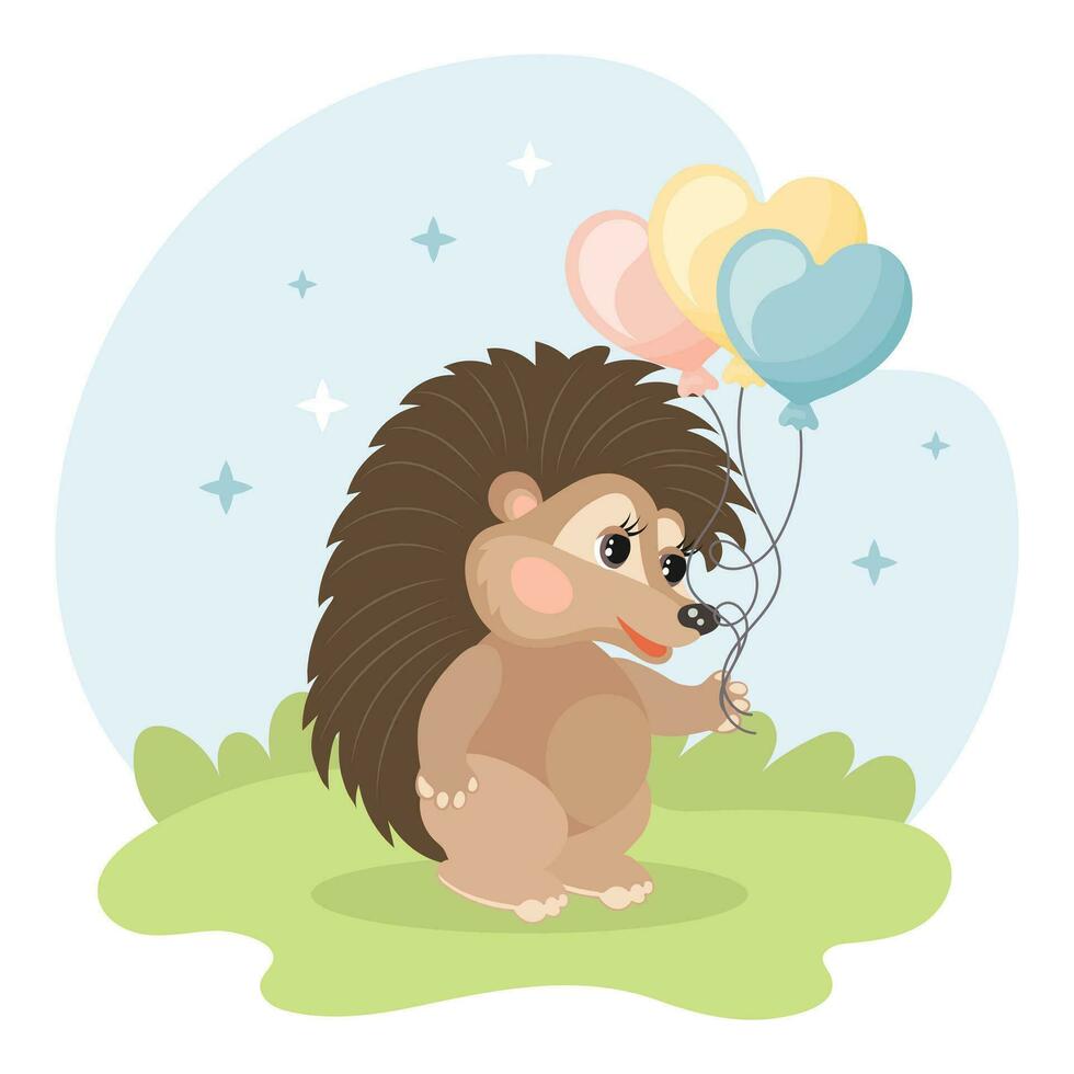 süß Karikatur Baby Igel mit Luftballons auf das Wiese. Illustration im eben Stil. Kinder- Geburtstag Karte. Vektor