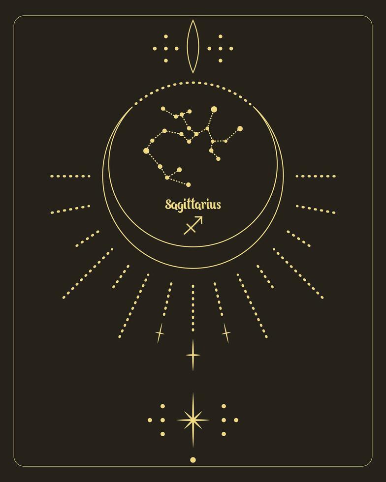 magi astrologi affisch med konstellation skytten, tarot kort. gyllene design på en svart bakgrund. vertikal illustration, vektor