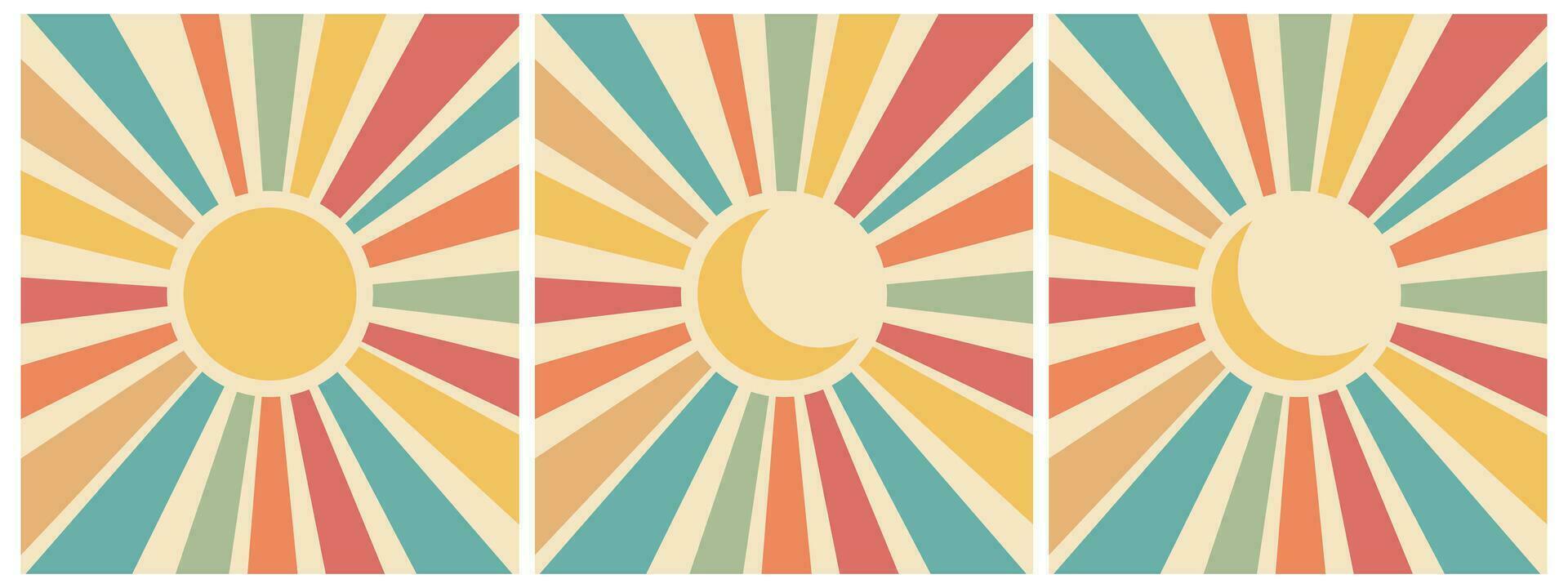 einstellen von Jahrgang Solar- Tapisserie im Boho Stil. retro Regenbogen Sonnenaufgang mit Mond. minimal geometrisch abstrakt Kunst. Hippie Bohemien Dekor. Vektor Hintergrund
