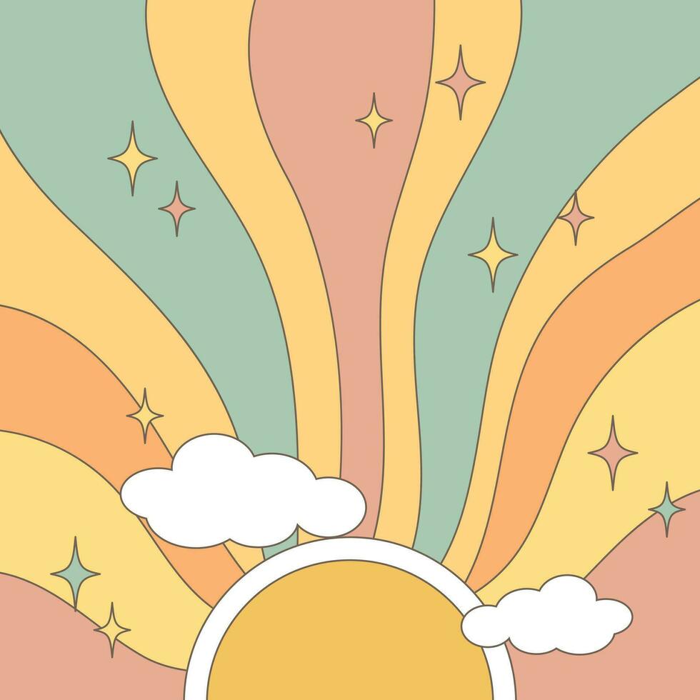 Jahrgang Solar- Tapisserie im Boho Stil. retro Regenbogen Sonnenaufgang mit Wolken und Sterne. minimal geometrisch abstrakt Kunst. Hippie Bohemien Dekor. Vektor