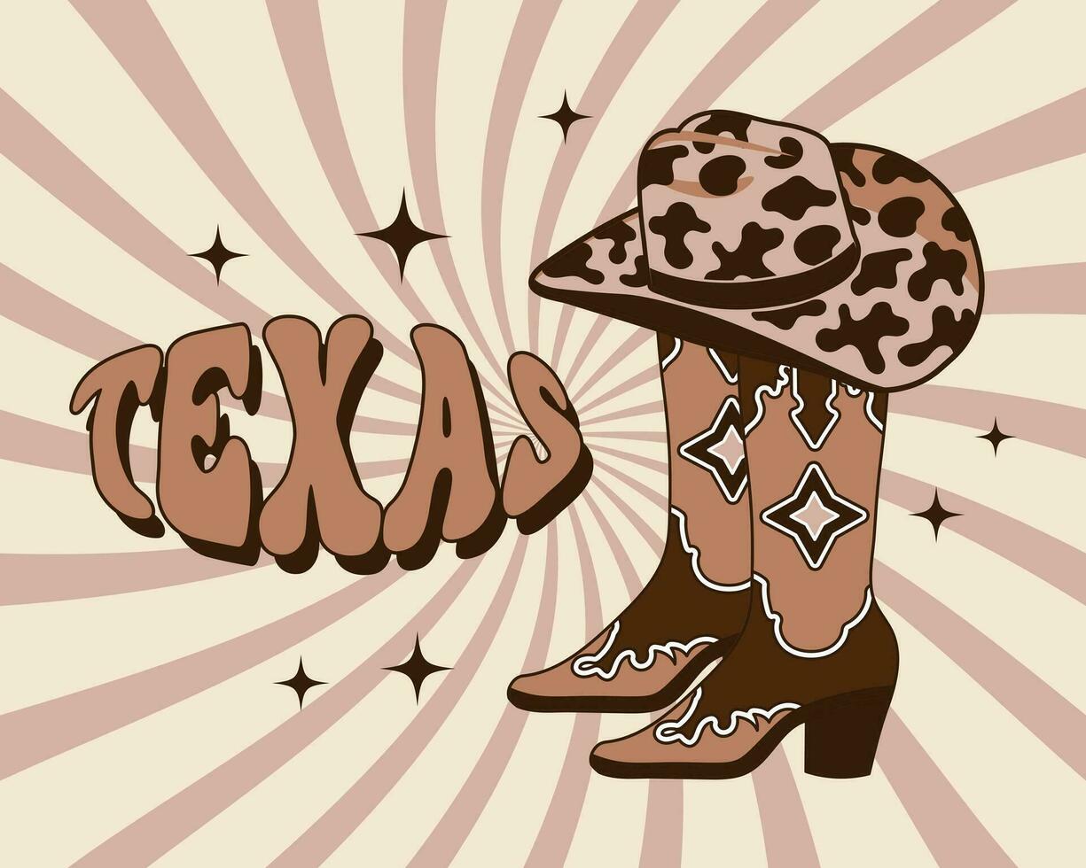 Cowboy Stiefel und Cowboy Hut mit Kuh drucken. braun Western Stil Stiefel und Texas Text auf ein retro Hintergrund. Vektor