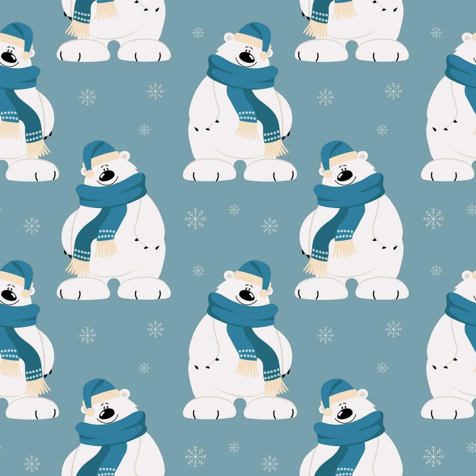 sömlös mönster, söt tecknad serie polär Björn i en scarf och hatt på en bakgrund av snöflingor. skriva ut, textil, vektor