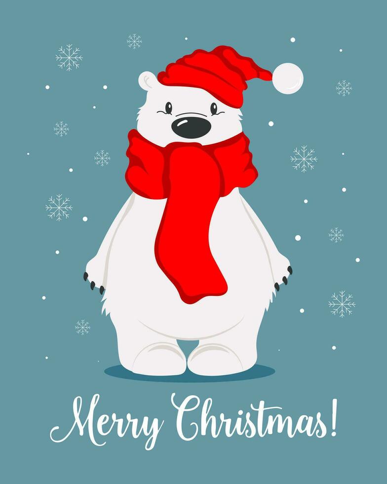 glad jul hälsning kort, söt tecknad serie polär Björn i en scarf och hatt på en bakgrund av snöflingor. skriva ut, vektor