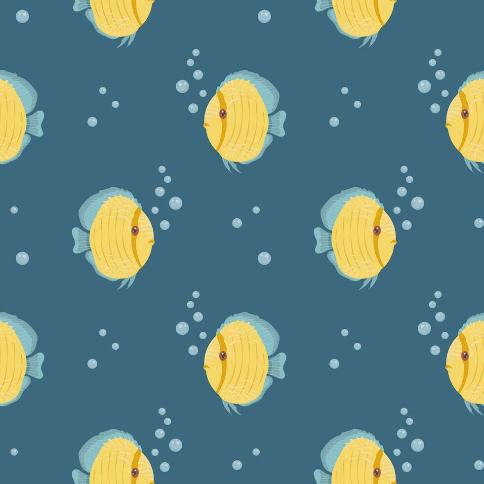 nahtlos Muster, süß Karikatur kawaii Zebrafisch und Luftblasen im das Wasser. Hintergrund, Kinder- drucken, Vektor