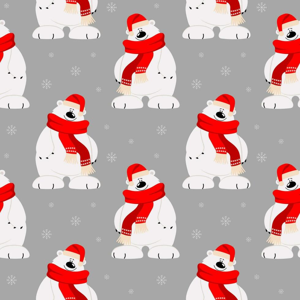 sömlös mönster, söt tecknad serie polär Björn i en scarf och hatt på en bakgrund av snöflingor. skriva ut, textil, vektor