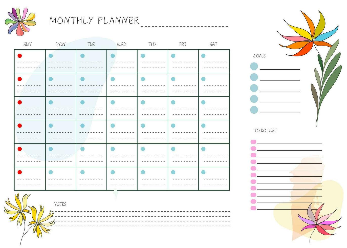 Blume Hand gezeichnet sauber Design monatlich planen und Kalender Vorlage vektor